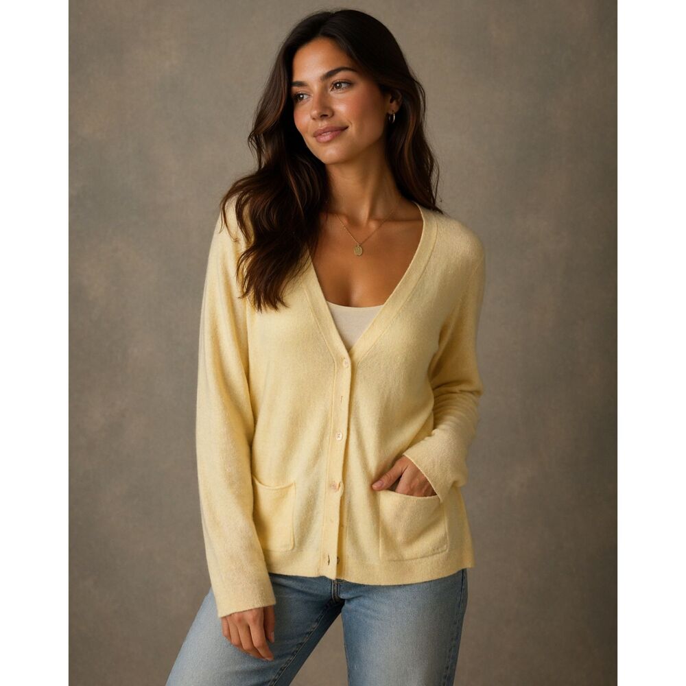 J Jill Cardigan Sweater Top Yellow Cashmere Blend Long Sleeve Lightweight Size L